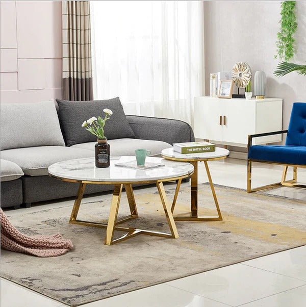 Classic White Hamilton Marble Round Coffee Table Set of 2 - Decor Smart