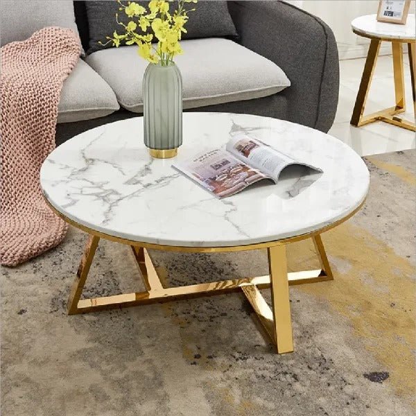 Classic White Hamilton Marble Round Coffee Table Set of 2 - Decor Smart