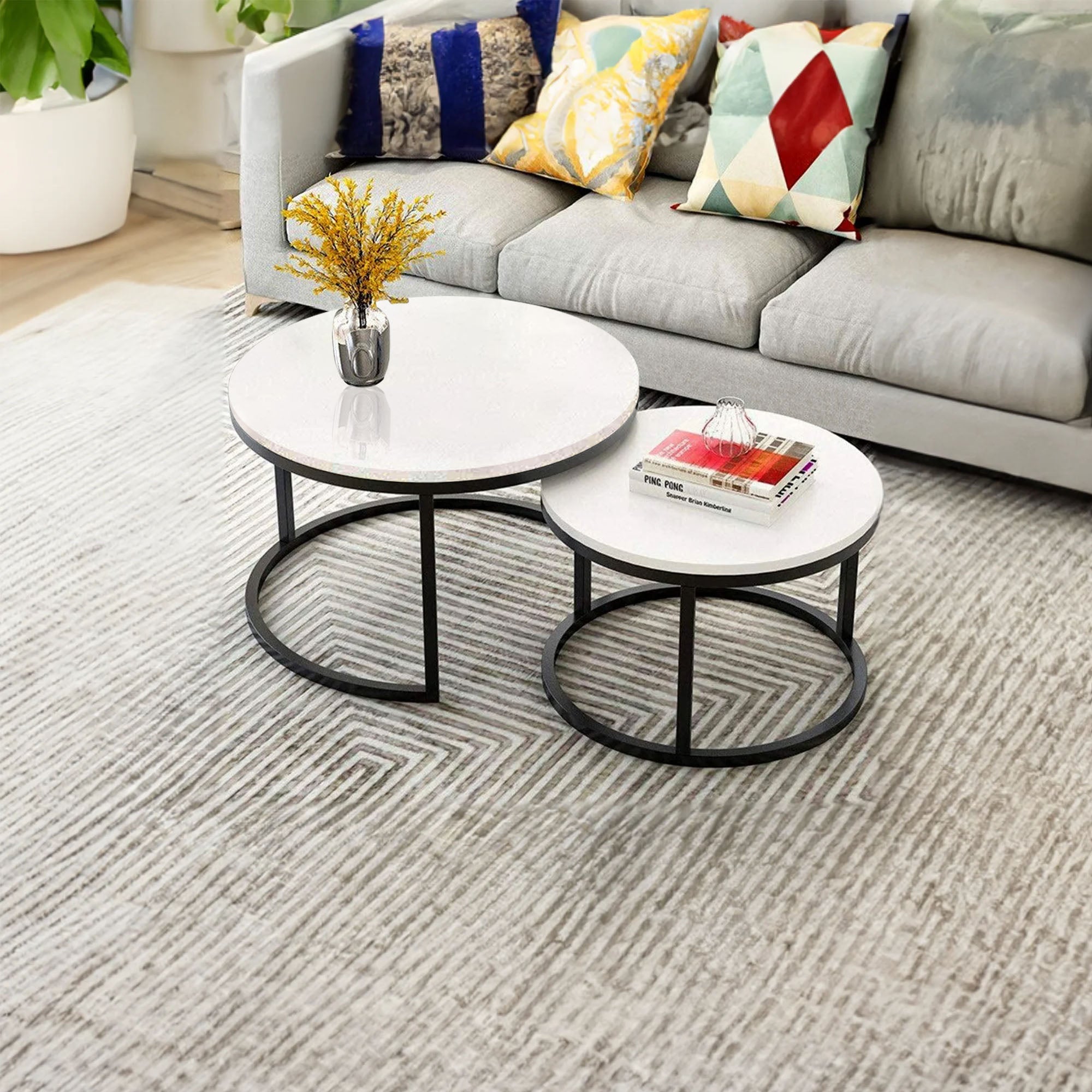 Classic White with Black Metallic Finish Round Coffee Table Set of 2 - Decor Smart