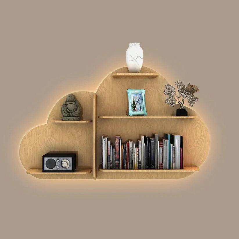 Cloud Shape Backlit Designer Wooden Wall Shelf / Book Shelf / Night Light, Light Oak Finish - Decor Smart