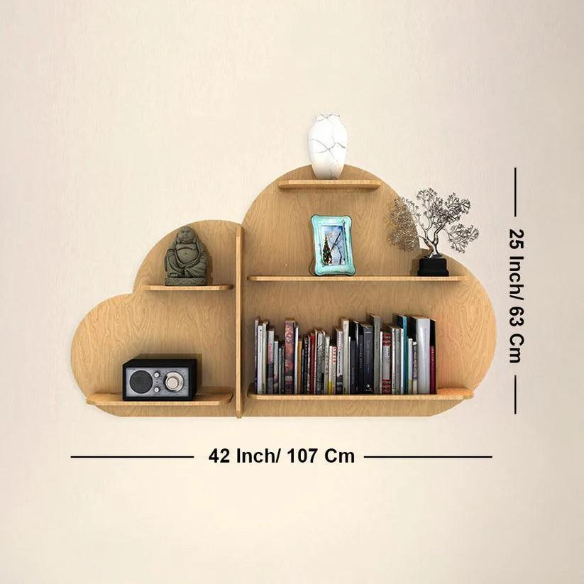 Cloud Shape Backlit Designer Wooden Wall Shelf / Book Shelf / Night Light, Light Oak Finish - Decor Smart