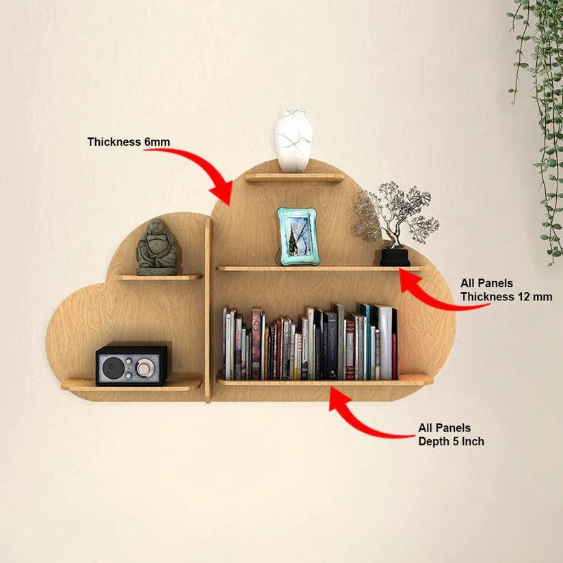 Cloud Shape Backlit Designer Wooden Wall Shelf / Book Shelf / Night Light, Light Oak Finish - Decor Smart