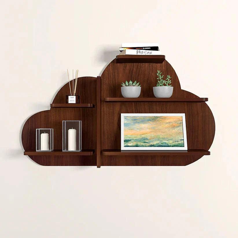 Cloud Shape Backlit Designer Wooden Wall Shelf / Book Shelf / Night Light, Walnut Finish - Decor Smart