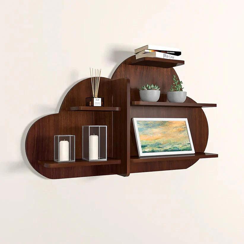 Cloud Shape Backlit Designer Wooden Wall Shelf / Book Shelf / Night Light, Walnut Finish - Decor Smart