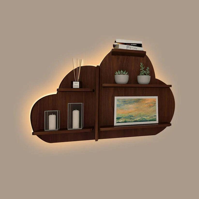Cloud Shape Backlit Designer Wooden Wall Shelf / Book Shelf / Night Light, Walnut Finish - Decor Smart