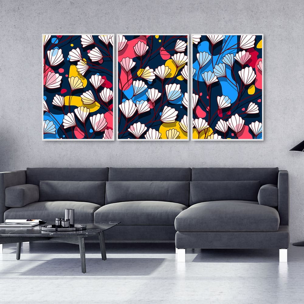 Colorful Abstract Flower Pattern Floating Canvas Wall Painting Set of Three