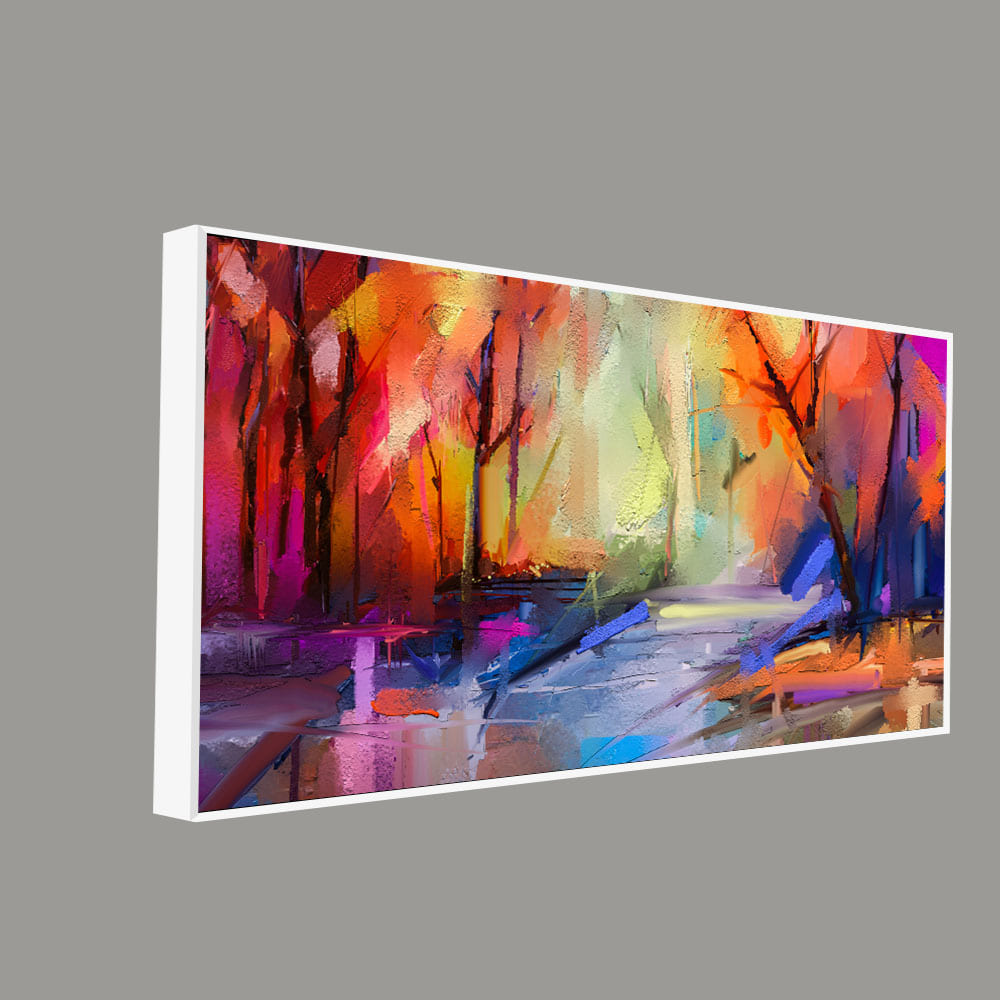 Colorful Autumn Trees Semi Abstract Forest with Lake Canvas Wall Painting