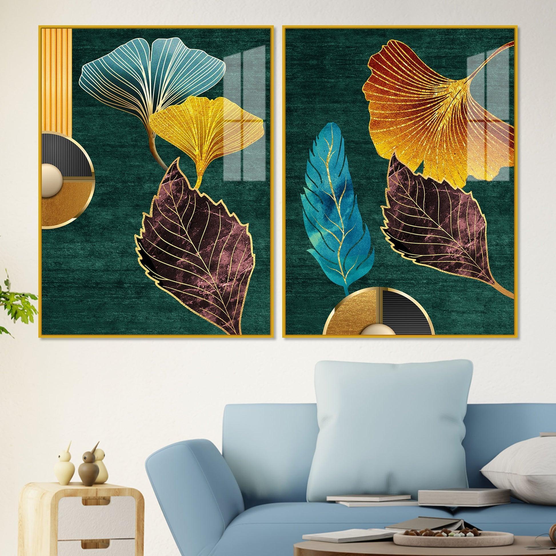 Colorful Golden Lines Leaves Acrylic Floating Wall Painting Set of 2 - Decor Smart