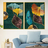 Colorful Golden Lines Leaves Acrylic Floating Wall Painting Set of 2 - Decor Smart