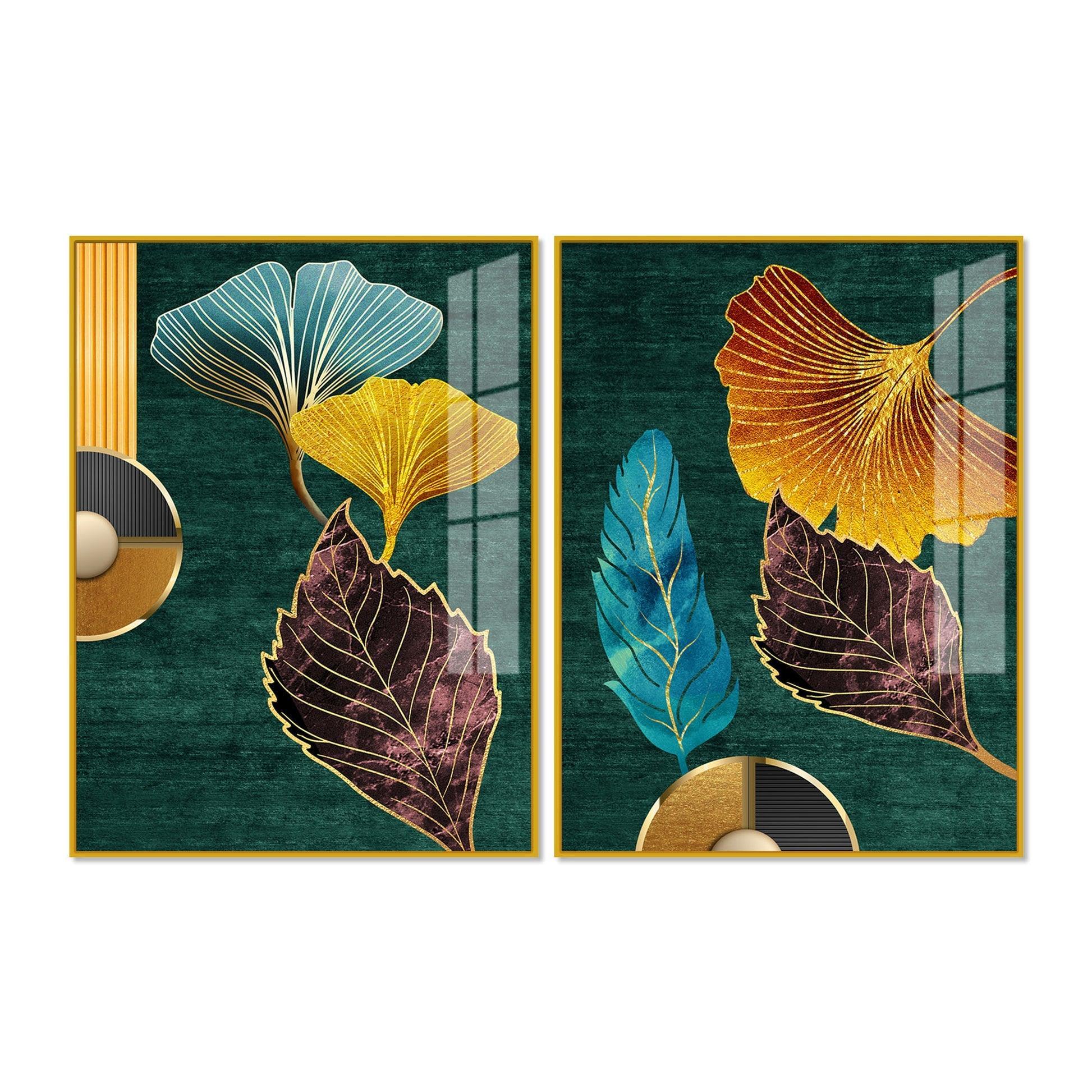 Colorful Golden Lines Leaves Acrylic Floating Wall Painting Set of 2 - Decor Smart