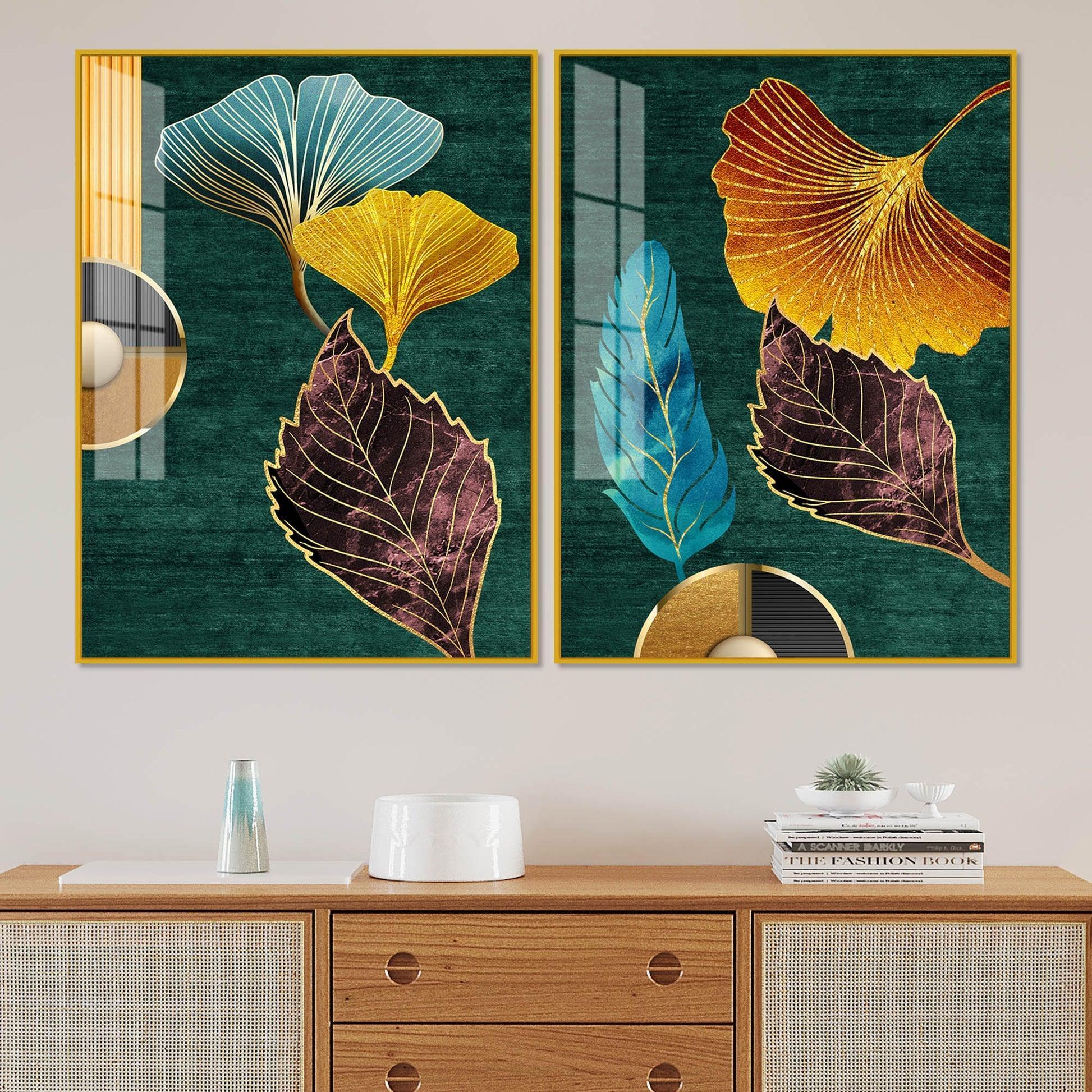Colorful Golden Lines Leaves Acrylic Floating Wall Painting Set of 2 - Decor Smart