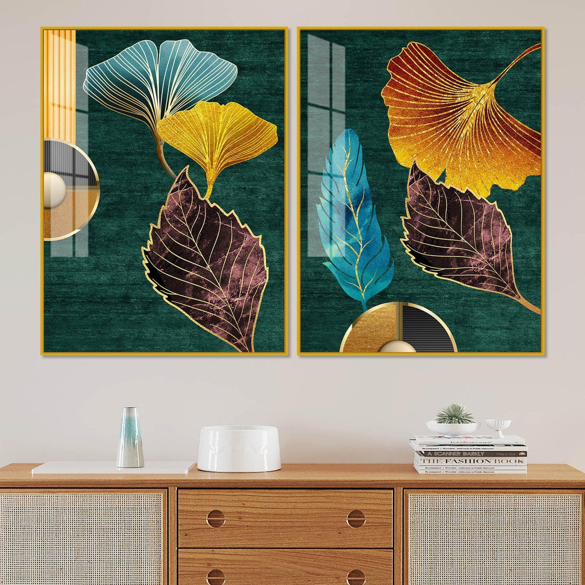 Colorful Golden Lines Leaves Acrylic Floating Wall Painting Set of 2 - Decor Smart