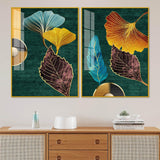 Colorful Golden Lines Leaves Acrylic Floating Wall Painting Set of 2 - Decor Smart