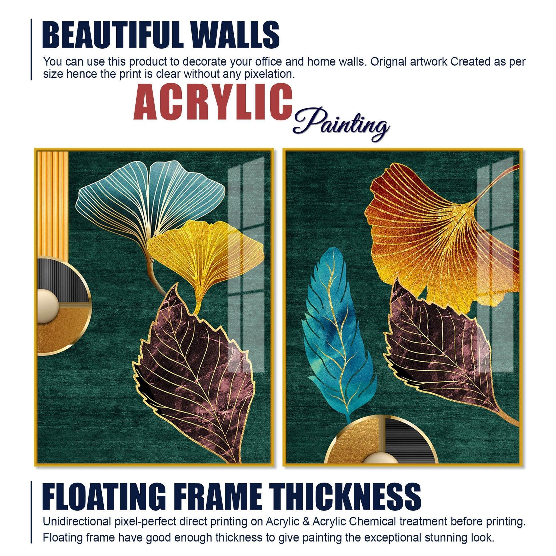 Colorful Golden Lines Leaves Acrylic Floating Wall Painting Set of 2 - Decor Smart