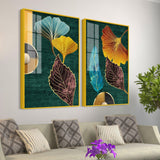 Colorful Golden Lines Leaves Acrylic Floating Wall Painting Set of 2 - Decor Smart