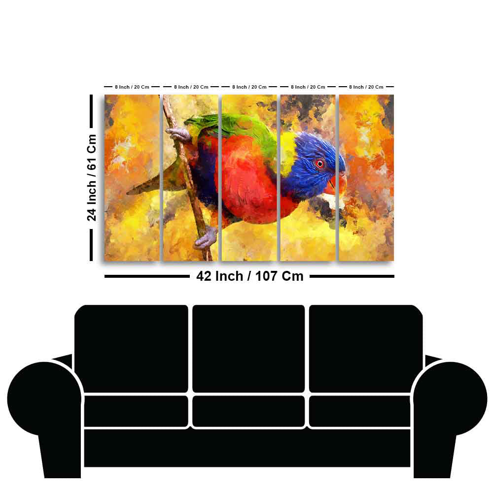 Colorful Parrot Abstract Art Canvas wall Painting of Five Pieces