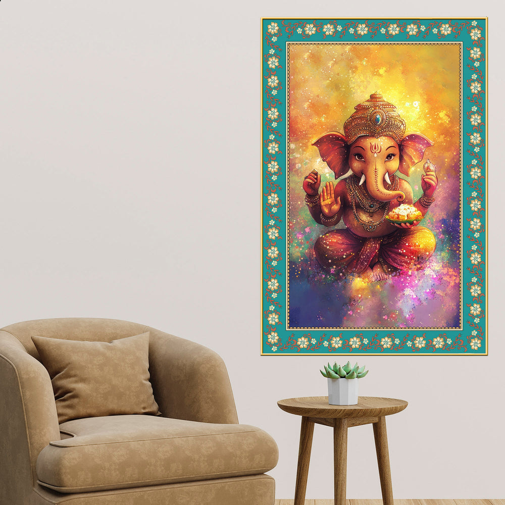 Colors of Lord Ganesha Floral Border Vertical Wall Painting