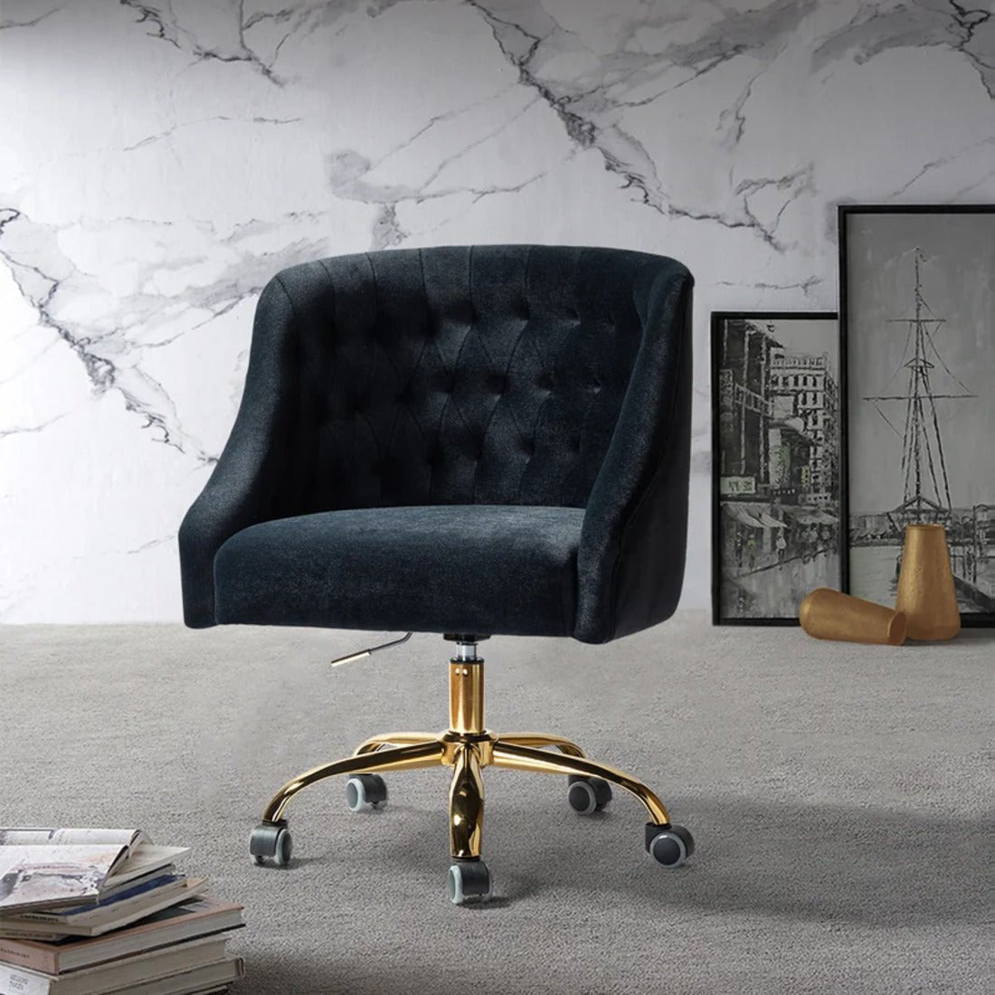 Comfort Tufted Back Black PU Foam Accent Chair with Golden Base - Decor Smart