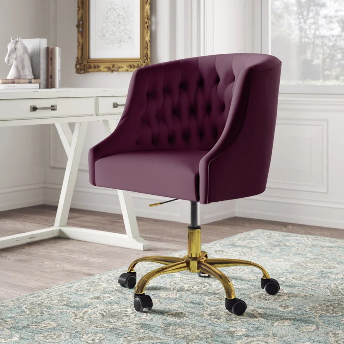 Comfort Tufted Back Magenta PU Foam Accent Chair with Golden Base - Decor Smart