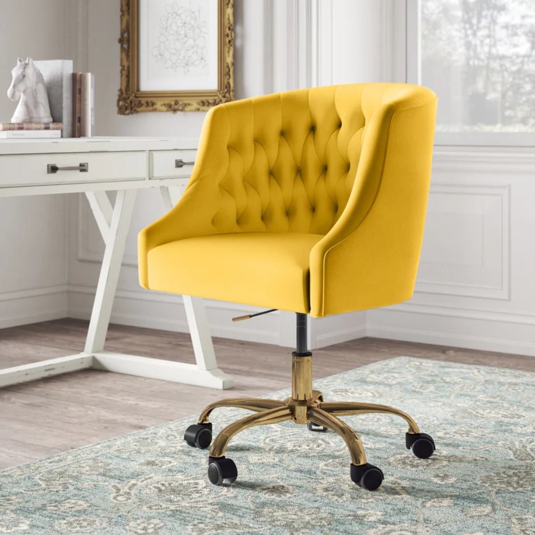 Comfort Tufted Back Yellow PU Foam Accent Chair with Golden Base - Decor Smart