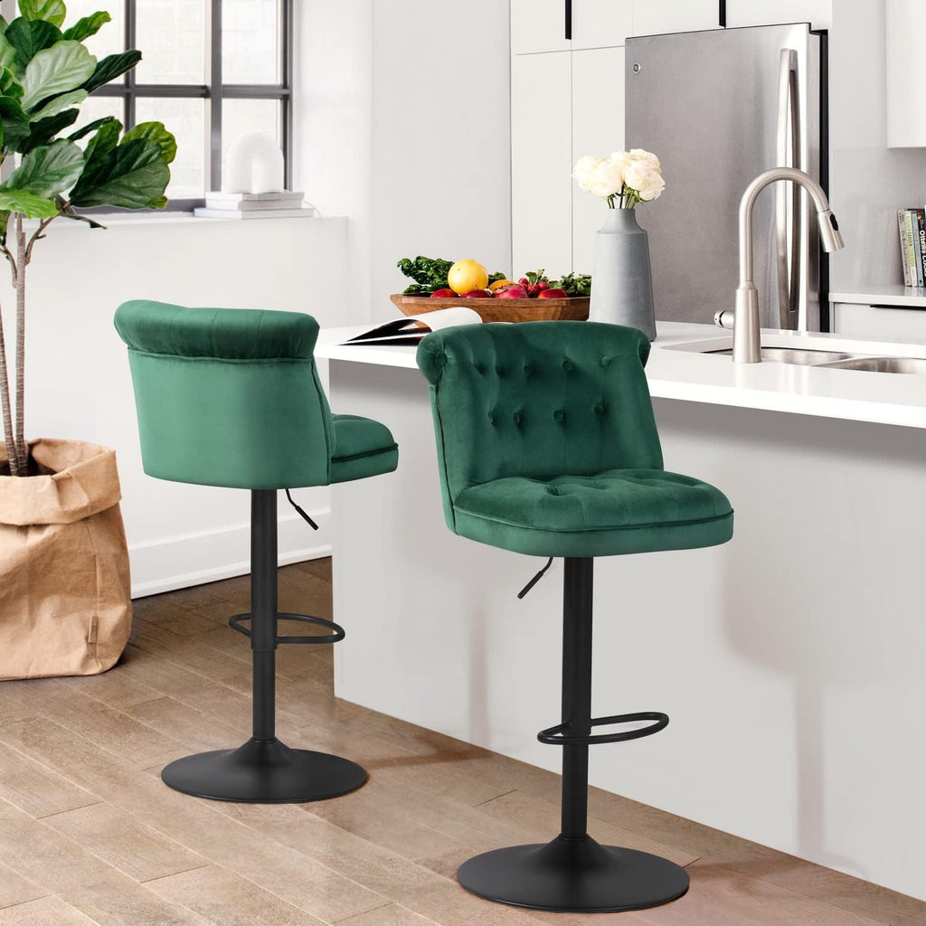Contemporary Green Velvet Bar Stools with Matte Black Base