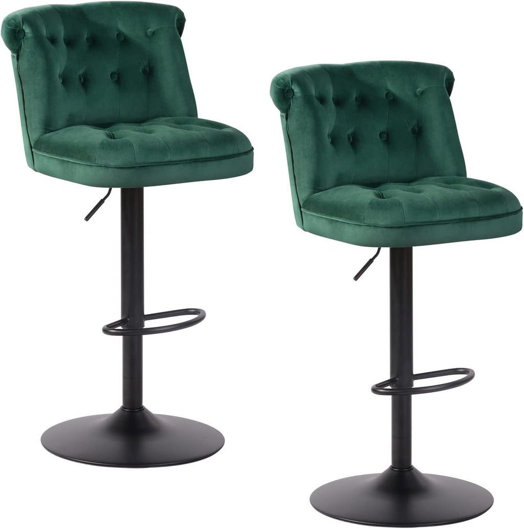Contemporary Green Velvet Bar Stools with Matte Black Base