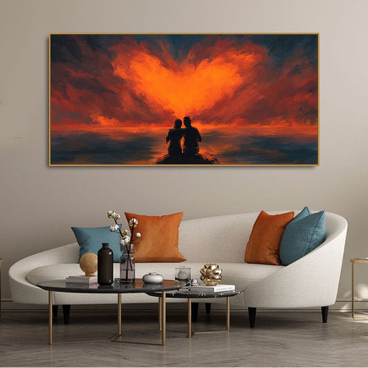Couple Sitting Under Heart Shaped Clouds Premium Wall Painting - Decor Smart