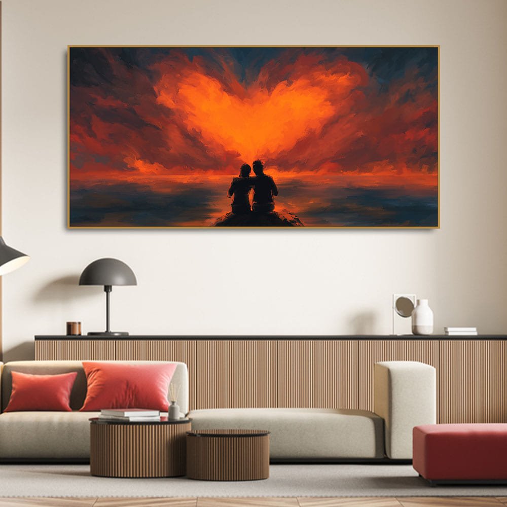 Couple Sitting Under Heart Shaped Clouds Premium Wall Painting - Decor Smart