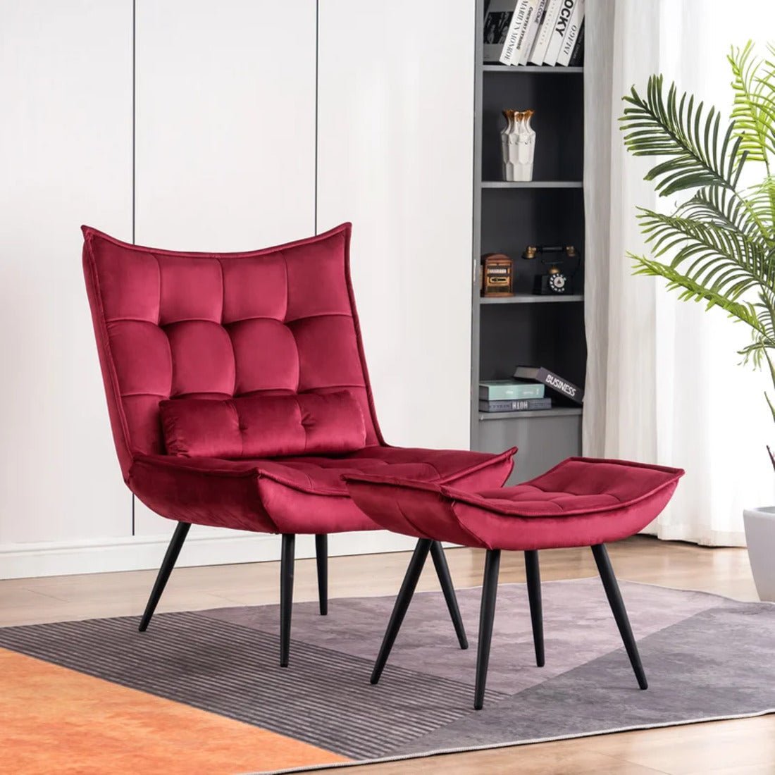 Crimson Leatherette Finish Accent Chair with Footrest & Cushion - Decor Smart