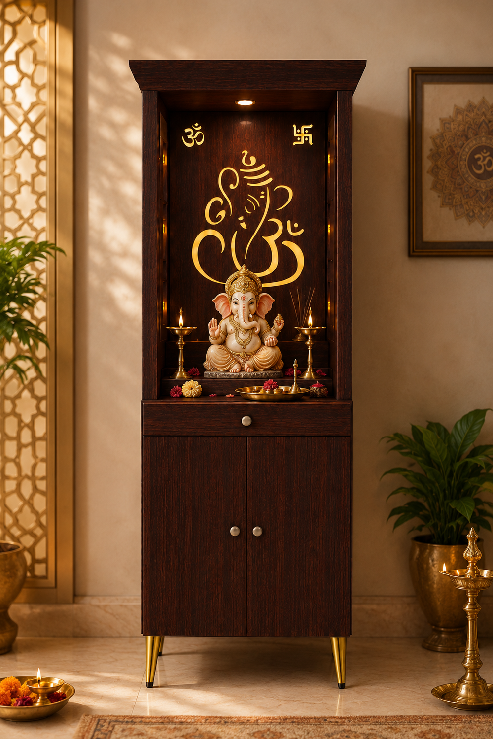 Contemporary Puja Unit with Storage and Designer Ganesha Back