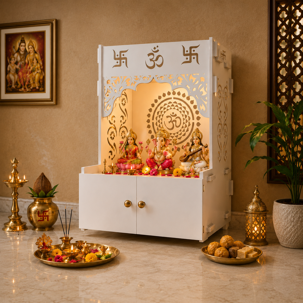 Designer Om Chakra White Wood Temple with Inbuilt Focus Light & Spacious Shelf