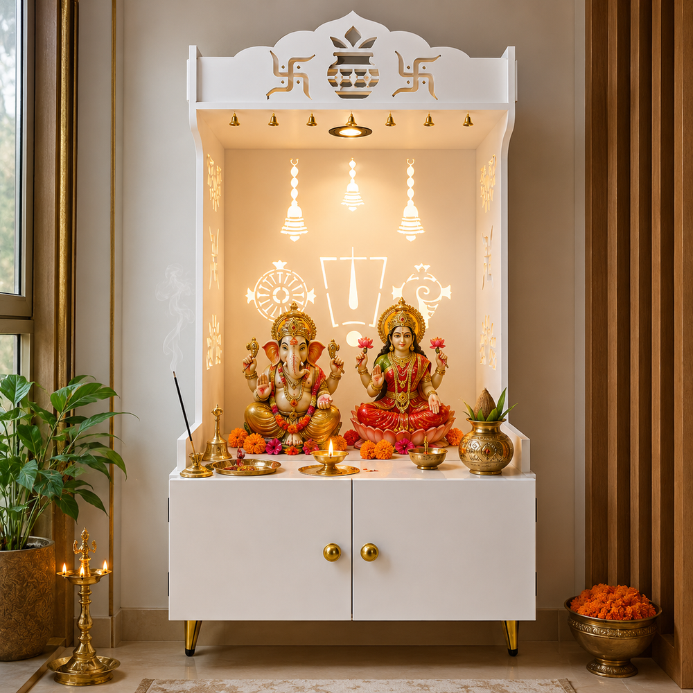 White Wooden Floor Pooja Mandir with Kalash & Swastik Design Laser-Cut Bell Shankh & Chakra Motifs & Storage Cabinet
