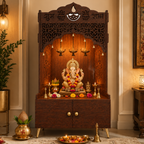 White Wooden Floor Pooja Mandir with Shubh Labh Design Floral & Peacock Feather Motifs Laser-Cut Panels & Storage Cabinet