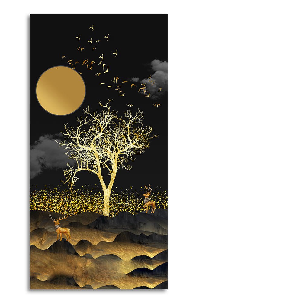 Dark Moon Light with Golden Birds Premium Canvas Wall Painting - Decor Smart