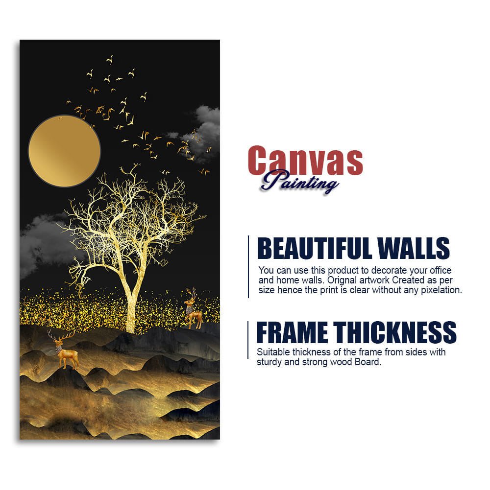 Dark Moon Light with Golden Birds Premium Canvas Wall Painting - Decor Smart