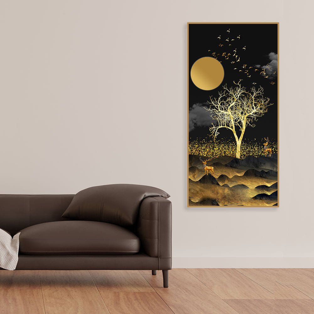 Dark Moon Light with Golden Birds Premium Canvas Wall Painting - Decor Smart