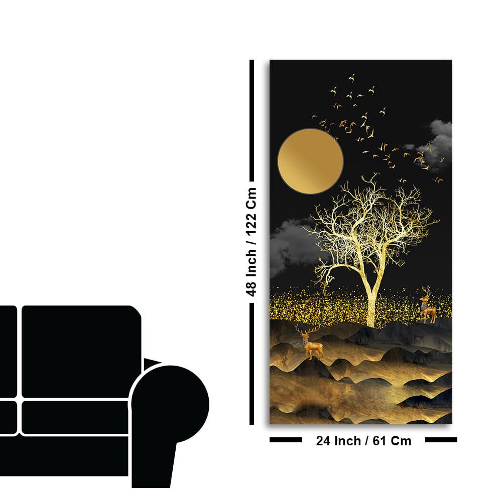 Dark Moon Light with Golden Birds Premium Canvas Wall Painting - Decor Smart