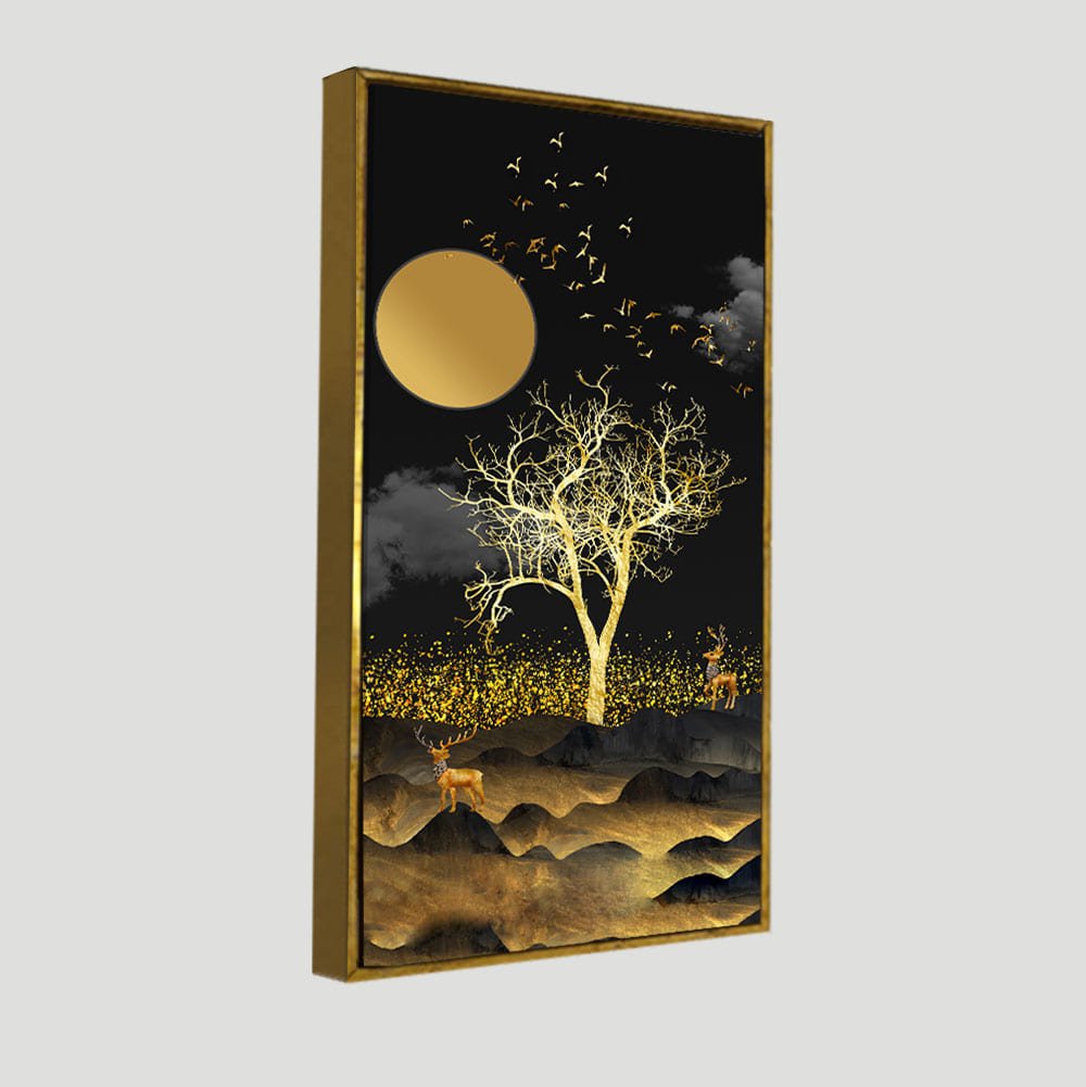 Dark Moon Light with Golden Birds Premium Canvas Wall Painting - Decor Smart
