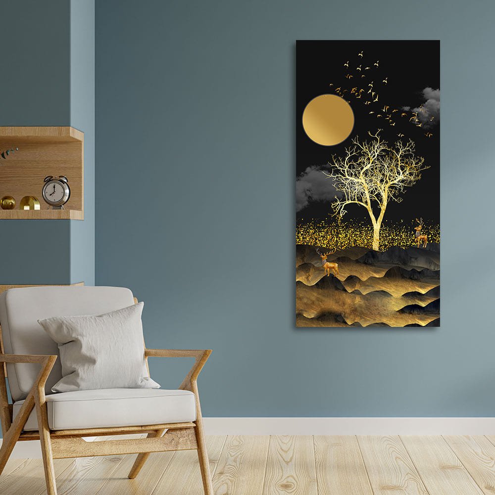 Dark Moon Light with Golden Birds Premium Canvas Wall Painting - Decor Smart
