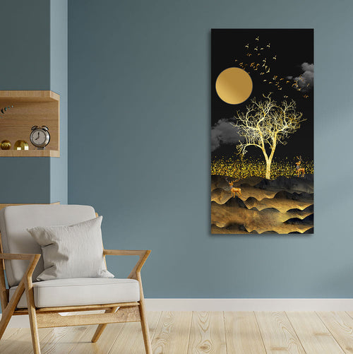 Dark Moon Light with Golden Birds Premium Canvas Wall Painting
