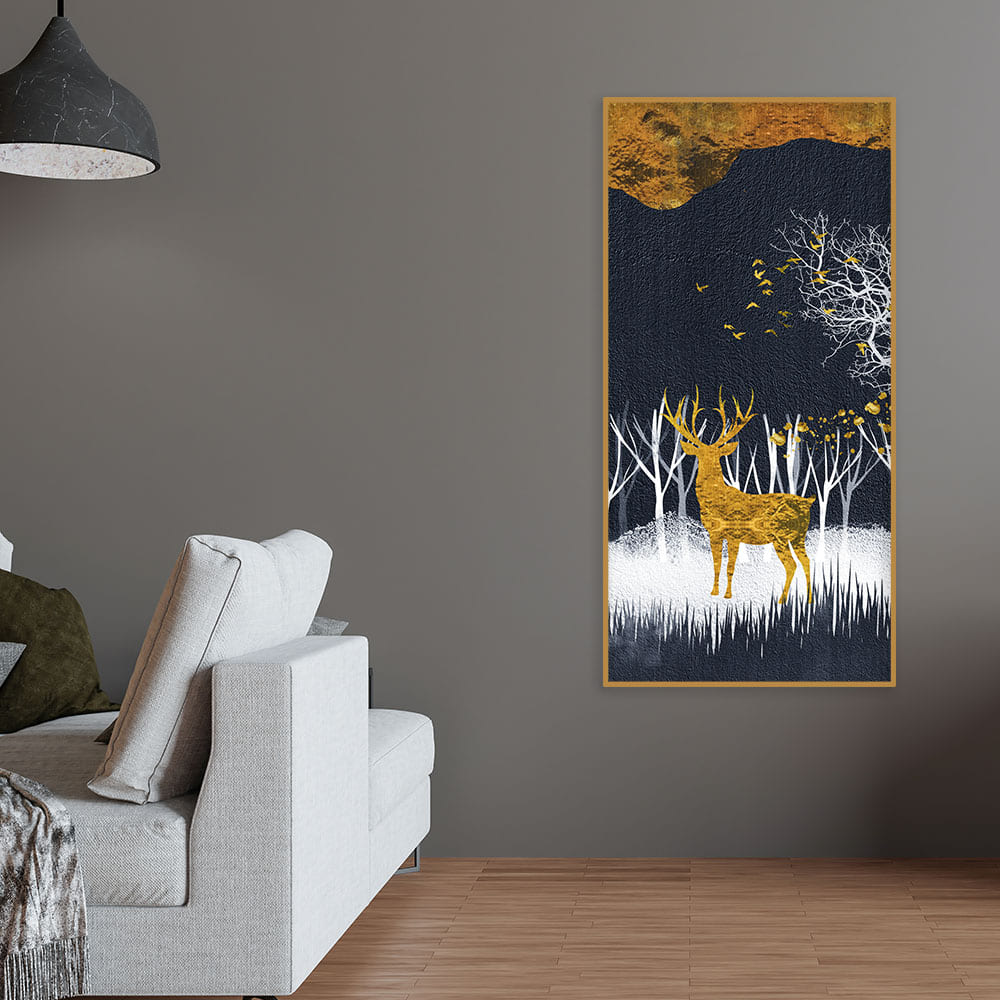 Dark Night Golden Deer with Birds Premium Canvas Wall Painting - Decor Smart