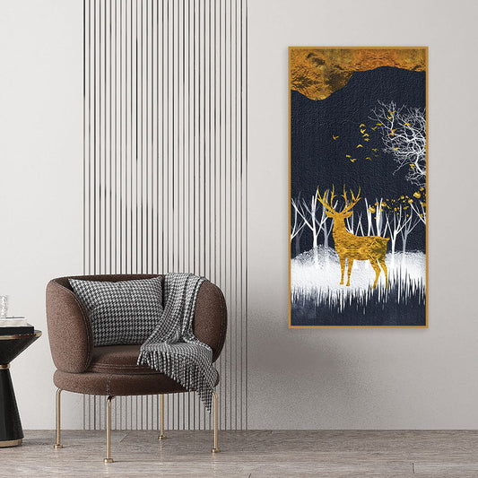 Dark Night Golden Deer with Birds Premium Canvas Wall Painting - Decor Smart