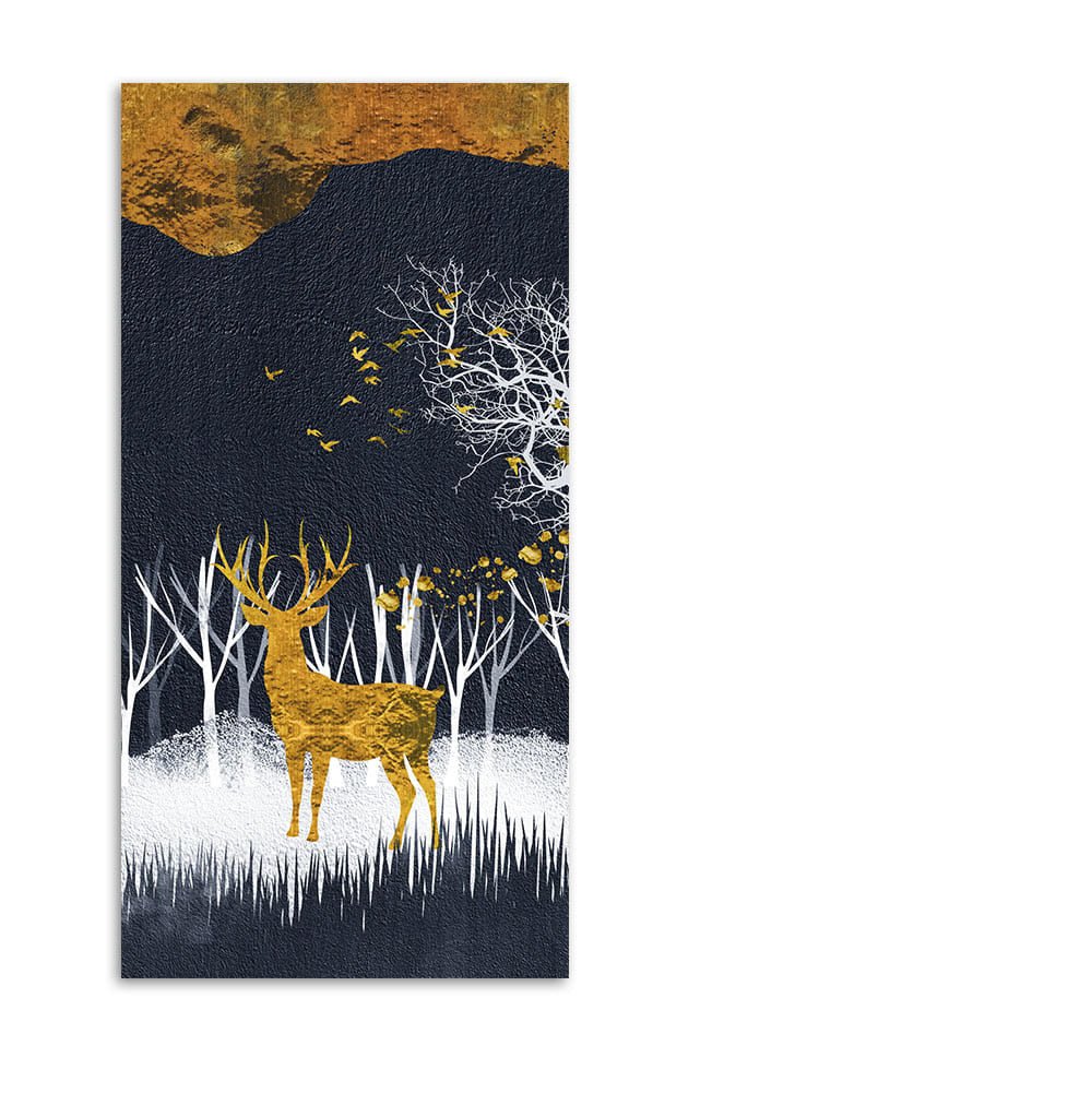 Dark Night Golden Deer with Birds Premium Canvas Wall Painting - Decor Smart