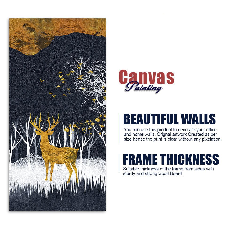 Dark Night Golden Deer with Birds Premium Canvas Wall Painting - Decor Smart