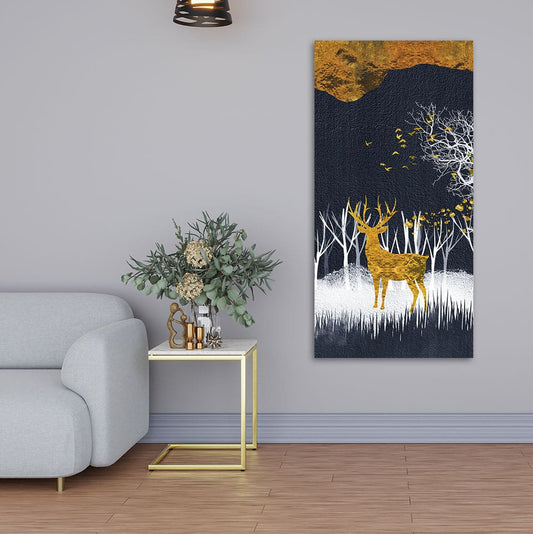 Dark Night Golden Deer with Birds Premium Canvas Wall Painting - Decor Smart