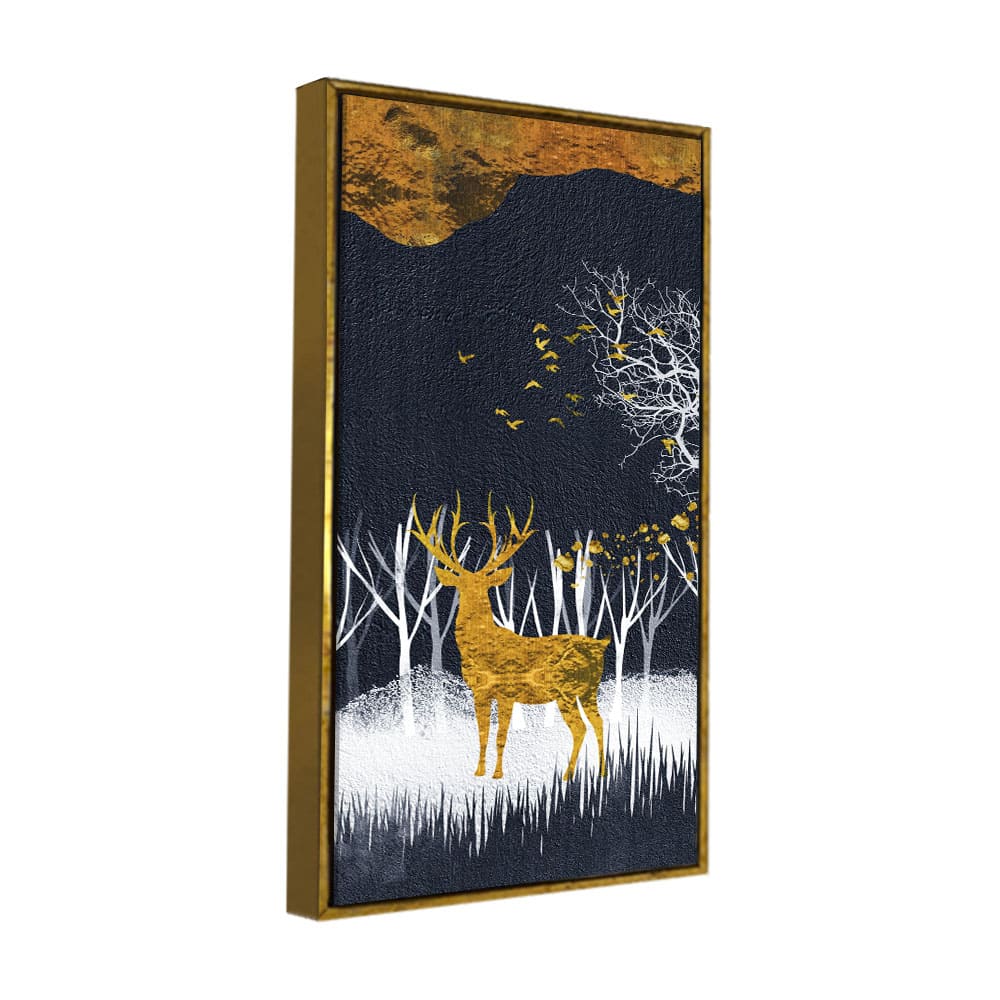 Dark Night Golden Deer with Birds Premium Canvas Wall Painting - Decor Smart