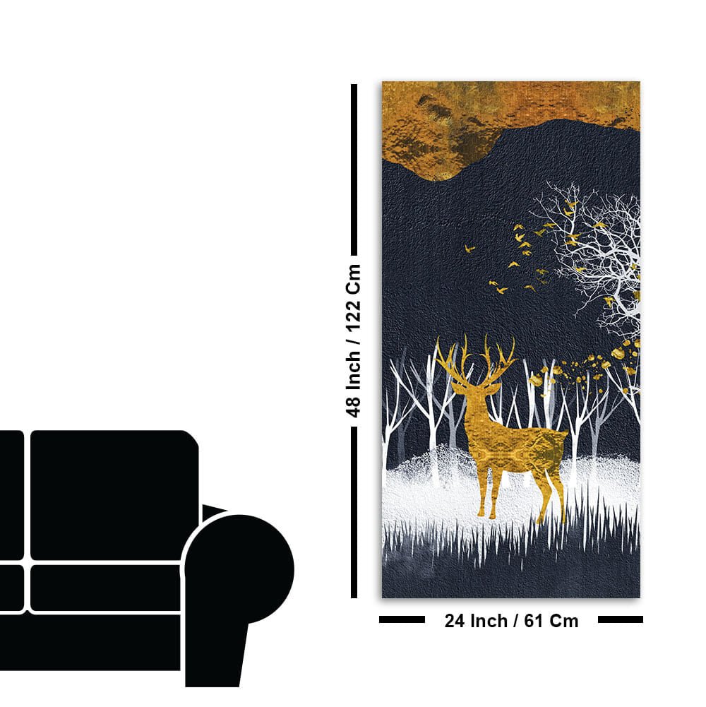 Dark Night Golden Deer with Birds Premium Canvas Wall Painting - Decor Smart