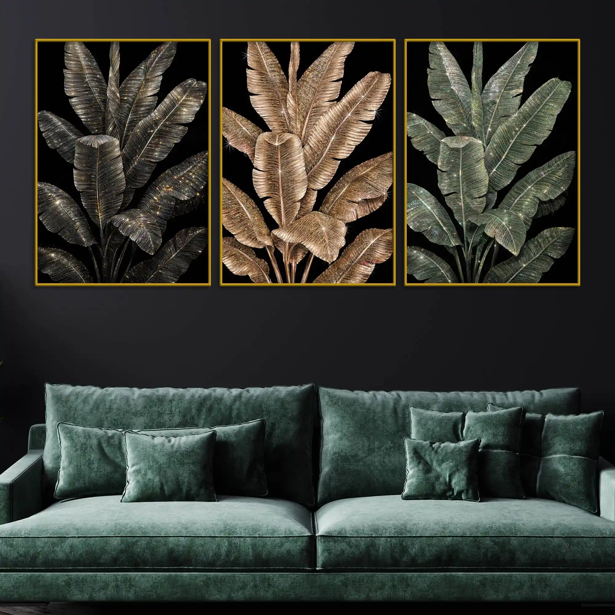 Dazzling Black and Gold Tropical Leaves Floating Frame Crystal Wall Painting Set of 3