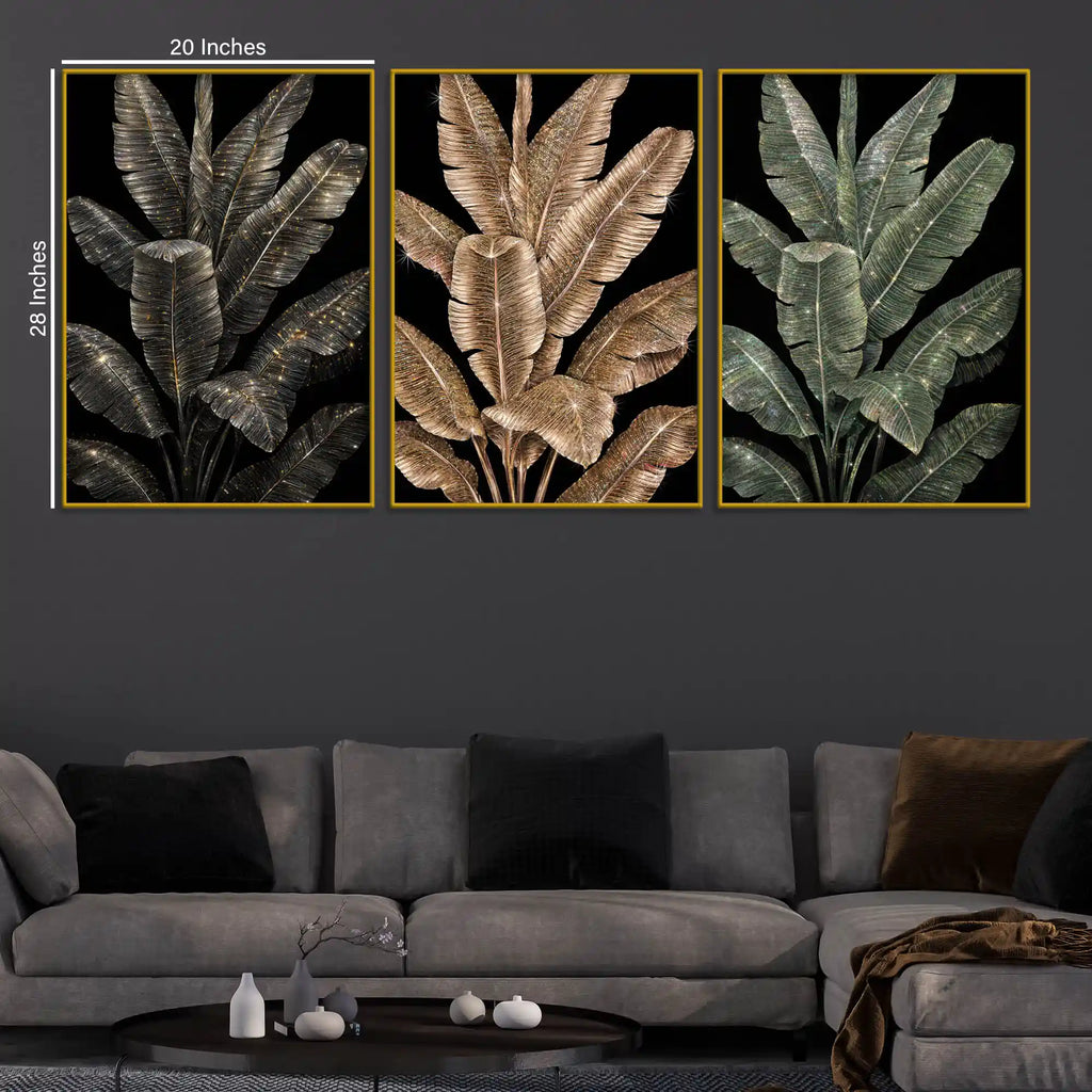 Dazzling Black and Gold Tropical Leaves Floating Frame Crystal Wall Painting Set of 3
