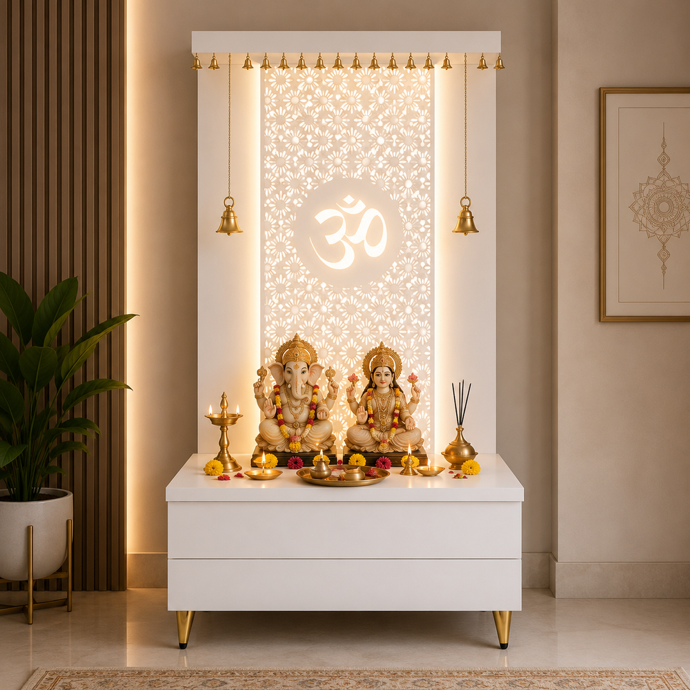 Elegant Wooden Temple with Om Cutwork and Dual Storage Drawers